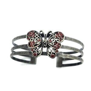 Vintage Metal Cuff Bracelet With Butterfly Accented With Red Enamel